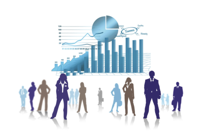 Das Bild zeigt eine Gruppe von Personen im Hintergrund verschiedene Charts und Graphen.