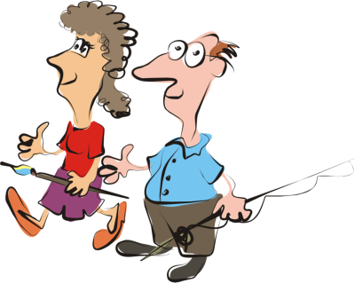 Das Bild zeigt eine Frau und einen Mann, die ihrem Hobby Malen und Angeln nachgehen: